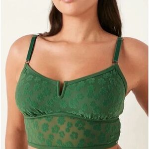 PINK Victoria's Secret Green Floral Mesh Bralette Forest Pine Flocked St Paddy’s